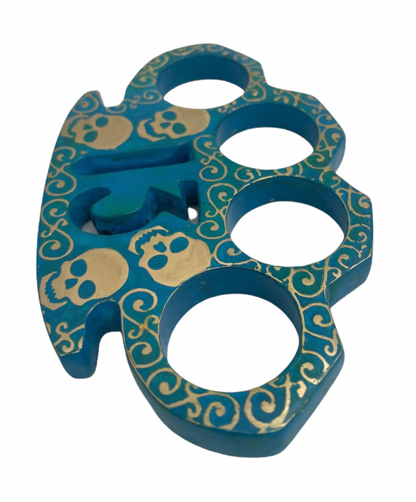 Heavy Duty Real Brass Knuckles Skeleton With 13 & Blue Patina Closes - AnyTime Blades