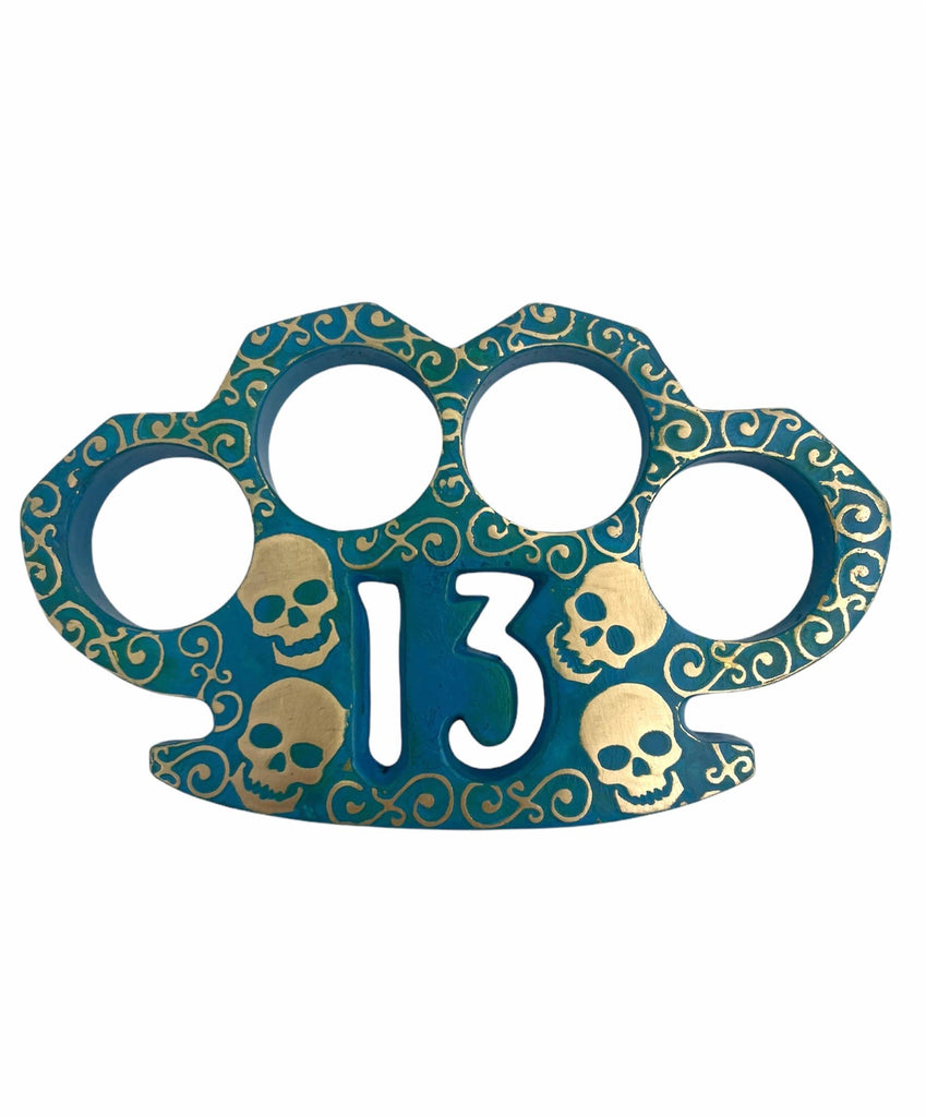 Heavy Duty Real Brass Knuckles Skeleton With 13 & Blue Patina Closes - AnyTime Blades