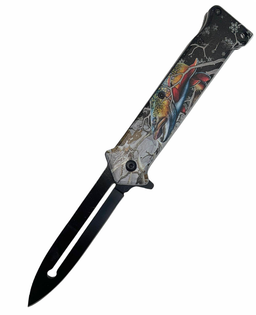 8" Spring Assisted Open Joker Style Pocket Knife Fish Handle - AnyTime Blades