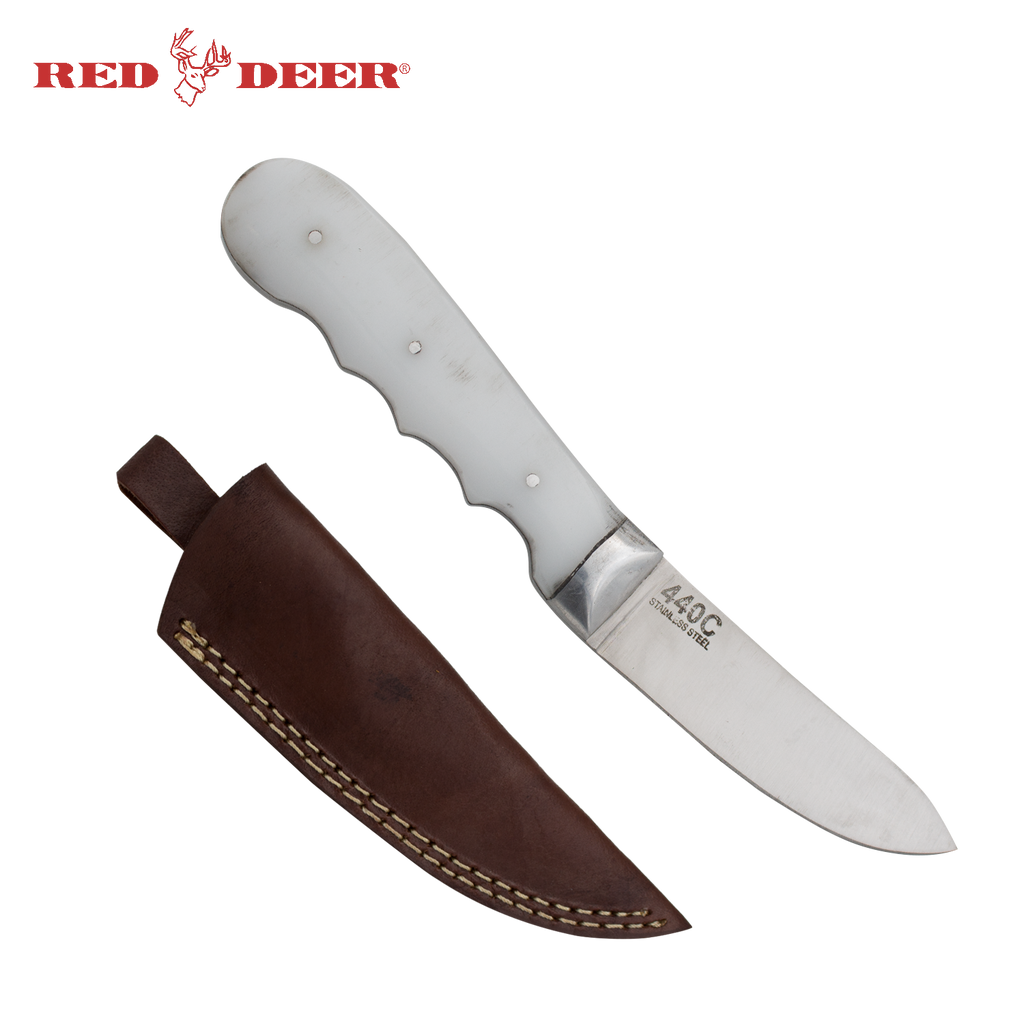 Red Deer 8 inch Full Tang White Hunting Knife with Leather Sheath - AnyTime Blades