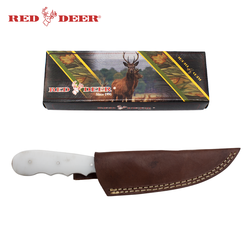 Red Deer 8 inch Full Tang White Hunting Knife with Leather Sheath - AnyTime Blades