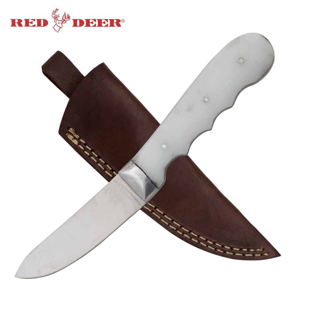 Red Deer 8 inch Full Tang White Hunting Knife with Leather Sheath - AnyTime Blades