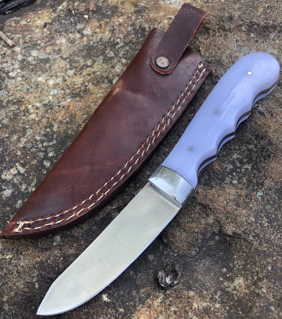 Red Deer 8 inch Full Tang White Hunting Knife with Leather Sheath - AnyTime Blades