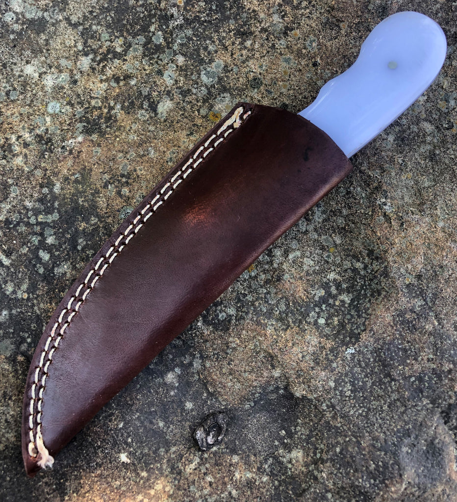 Red Deer 8 inch Full Tang White Hunting Knife with Leather Sheath - AnyTime Blades