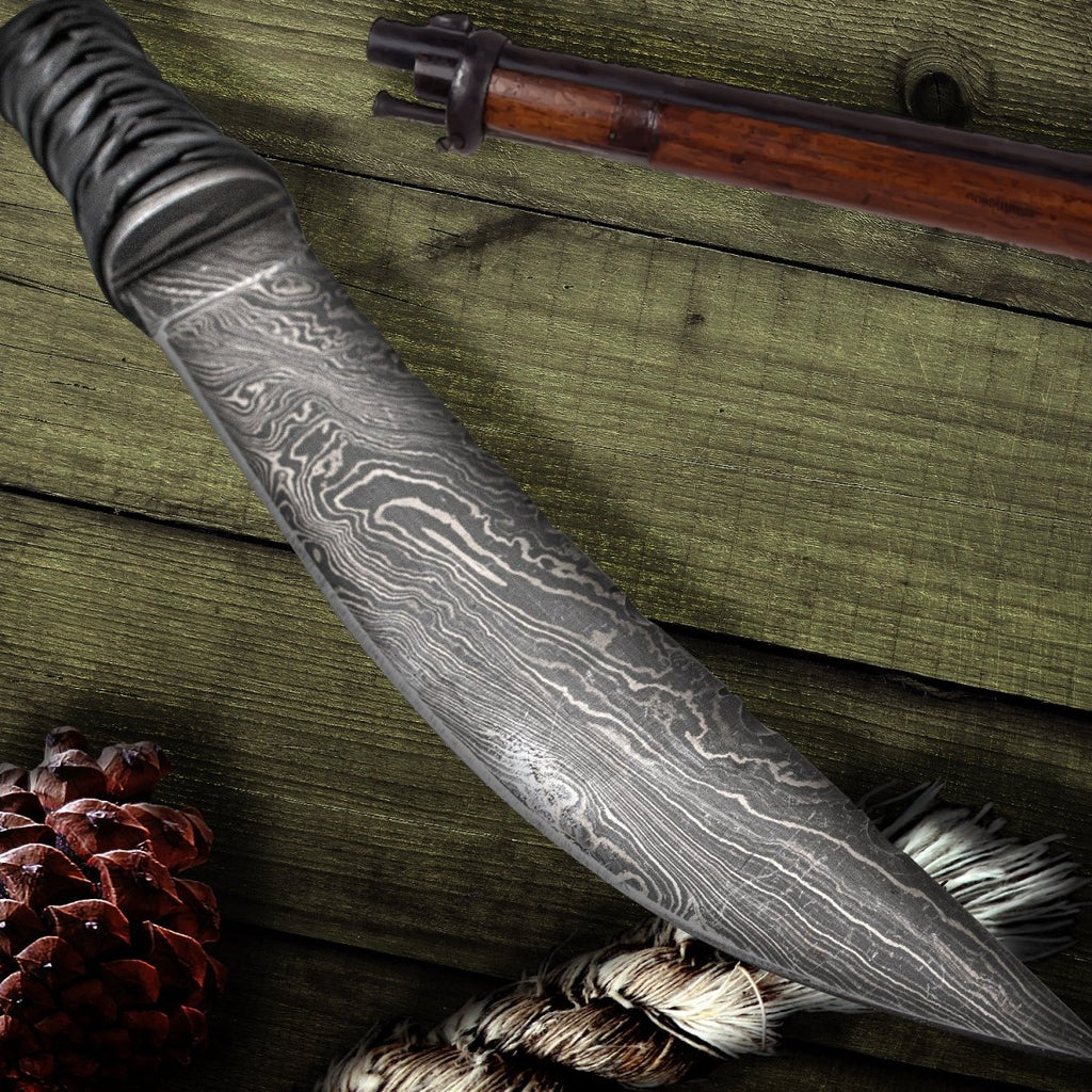 13" Red Deer Full Tang Damascus Hunting Knife with Leather Wrapped Handle and Leather Sheath - AnyTime Blades