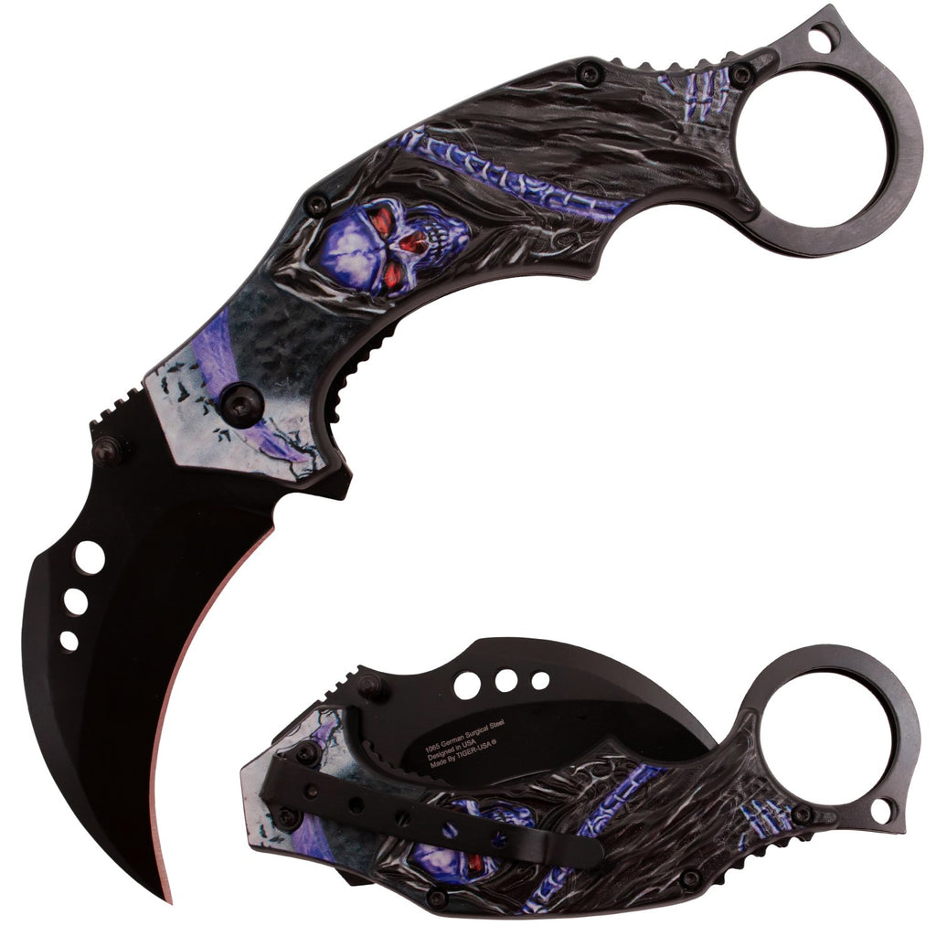 7.5" Assisted Opening Karambit Blue Reapers Hand - AnyTime Blades