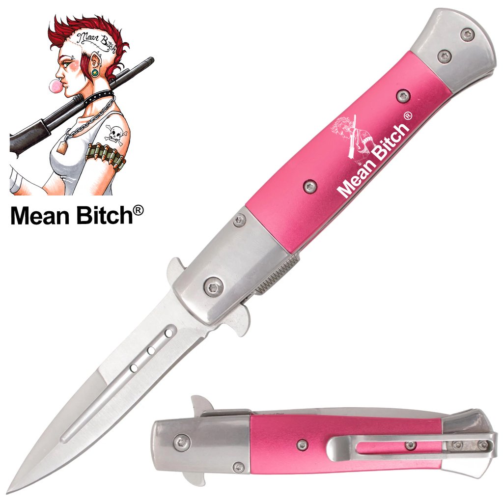 Tiger USA Trigger Action Stiletto Style Dagger Blade Pink Mean Bitch Available in 3 Colors!!! - AnyTime Blades
