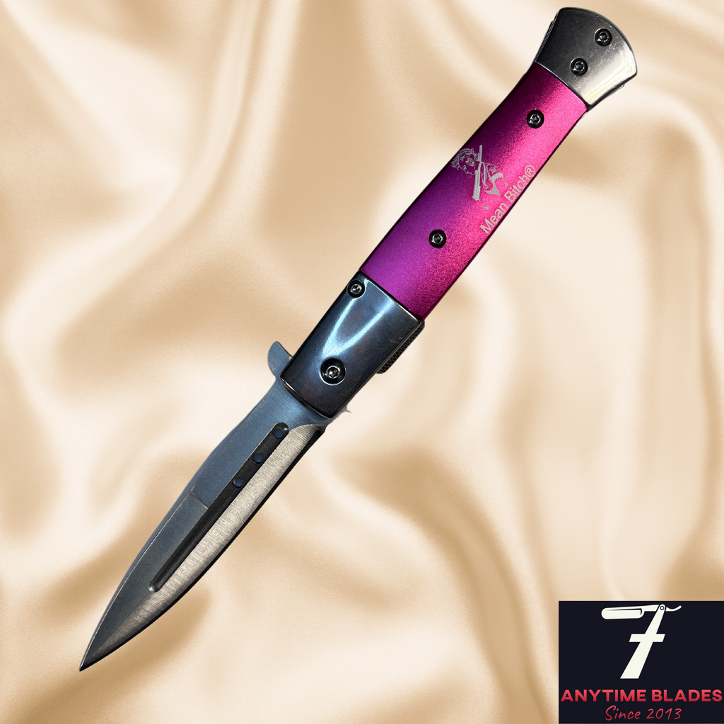 Cool Pink Italian Stiletto Knife, Mean Bitch Logo on Handle, This Badass Knife is smooth operating and high quality for such a low price get your next knife from Anytime blades  