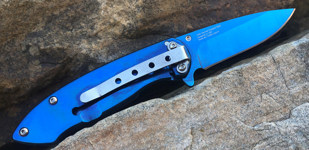 Spring Assisted Folding Knife - Blue - AnyTime Blades