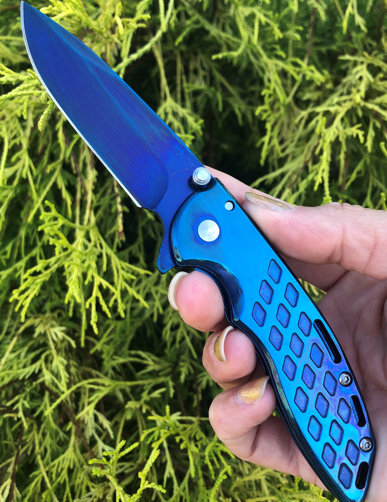 Spring Assisted Folding Knife - Blue - AnyTime Blades