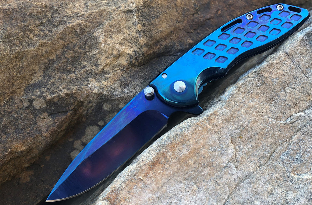 Spring Assisted Folding Knife - Blue - AnyTime Blades