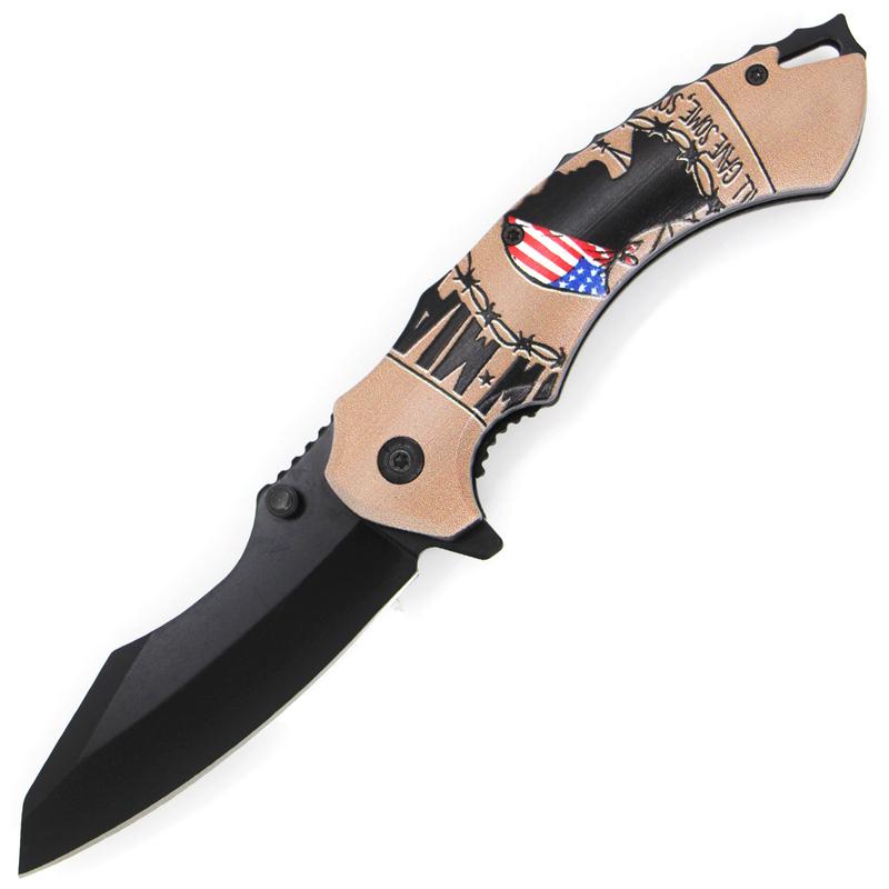 Prisoner of War POW MIA American Flag Combat Spring Assisted Knife - Tan SJ-1023-PM-A - AnyTime Blades