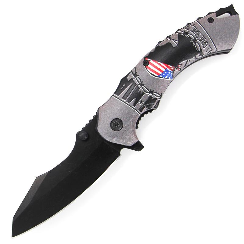 Prisoner of War POW MIA American Flag Combat Spring Assisted Knife - Grey SJ-1023-PM-B - AnyTime Blades