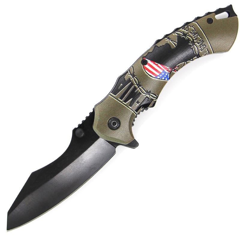 Prisoner of War POW MIA American Flag Combat Spring Assisted Knife - Olive SJ-1023-PM-C - AnyTime Blades