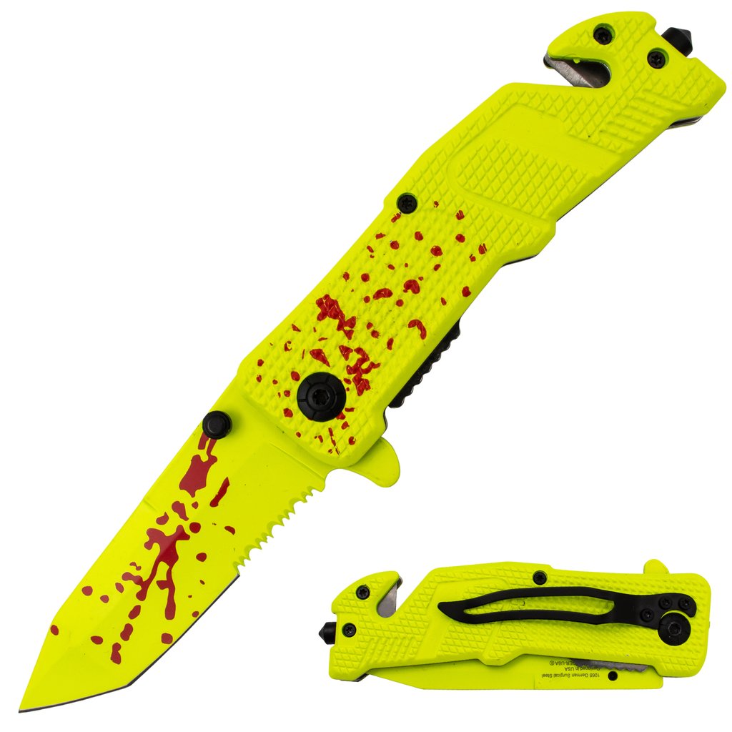 Tiger USA Spring Assisted Rescue Knife Yellow Blood Handle Tanto Blade - AnyTime Blades