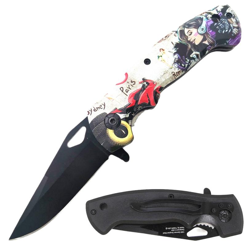 Hot Girl Graffitti Black Blade Spring Assisted Folding Knife SJ-27-O-6 - AnyTime Blades