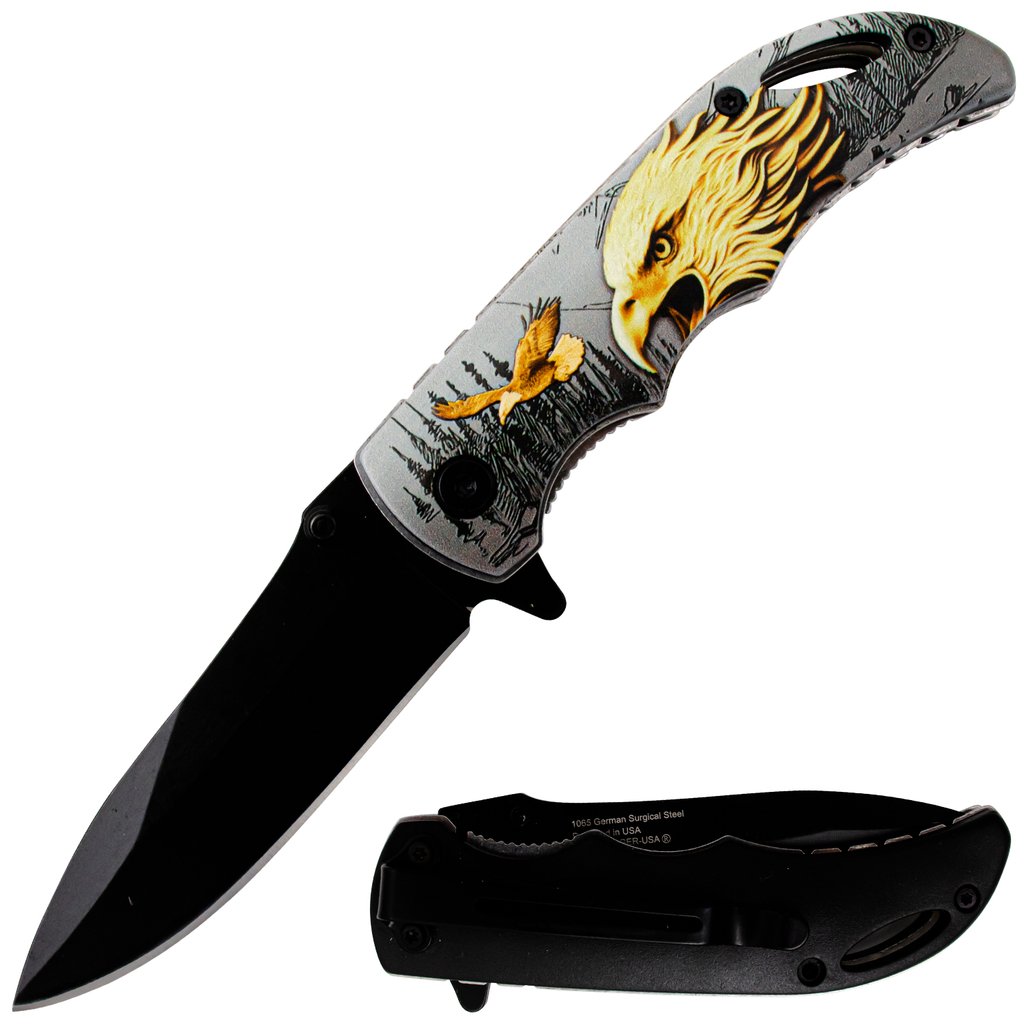 Tiger USA Eagle Head Folding Knife with Black Drop Point Blade - AnyTime Blades