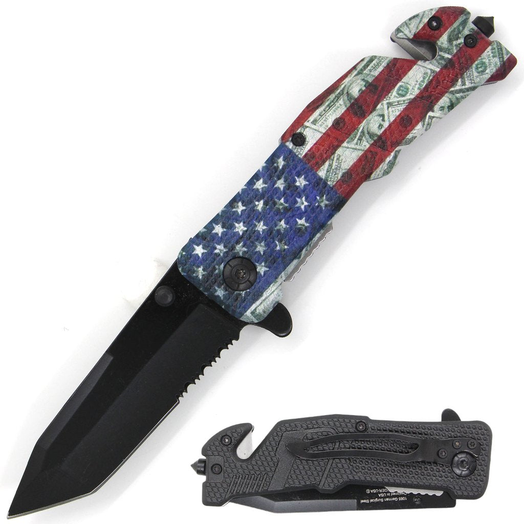 8" Spring Assisted Open Tactical Rescue Pocket Knife American Flag - AnyTime Blades
