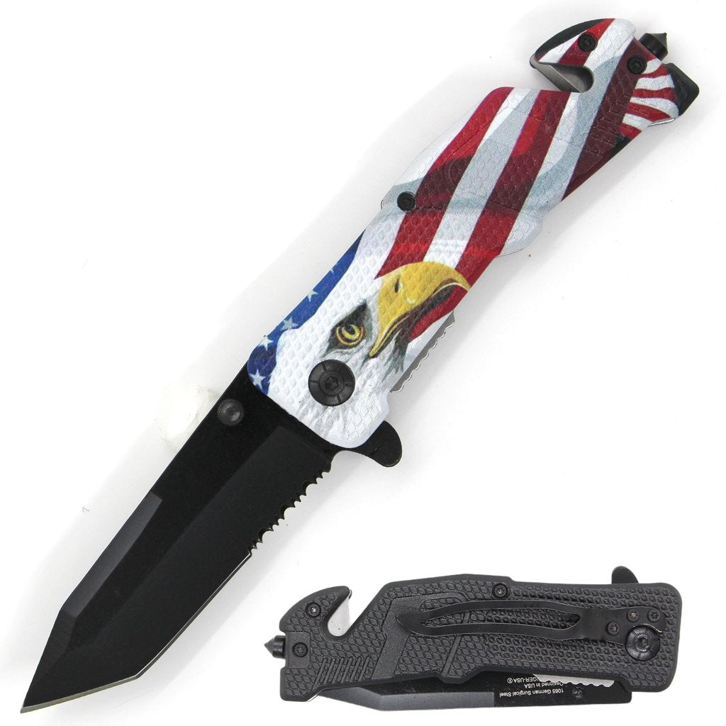 8" Spring Assisted Open Tactical Rescue Pocket Knife American Flag Bald Eagle Handle - AnyTime Blades