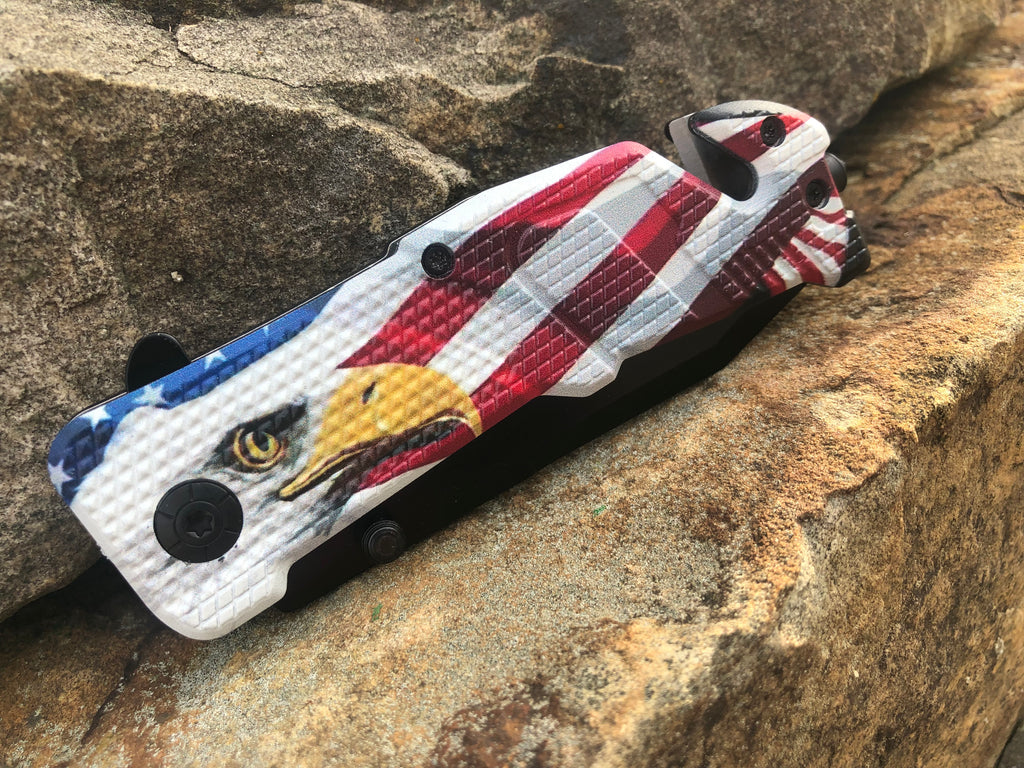 8" Spring Assisted Open Tactical Rescue Pocket Knife American Flag Bald Eagle Handle - AnyTime Blades