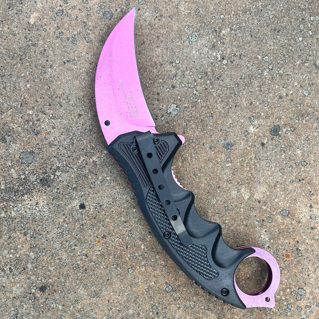 7.5" Pink and Black Mean Bitch Folding Karambit Pocket Knife - AnyTime Blades
