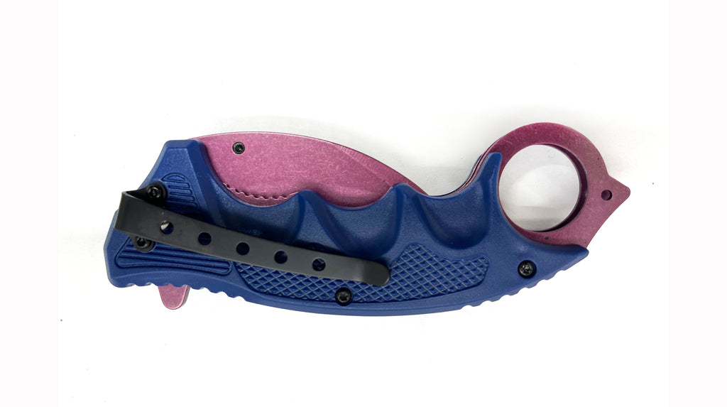7.75" Karambit Spring Assisted Folding Pocket Knife Purple Blade & Blue Handle - AnyTime Blades