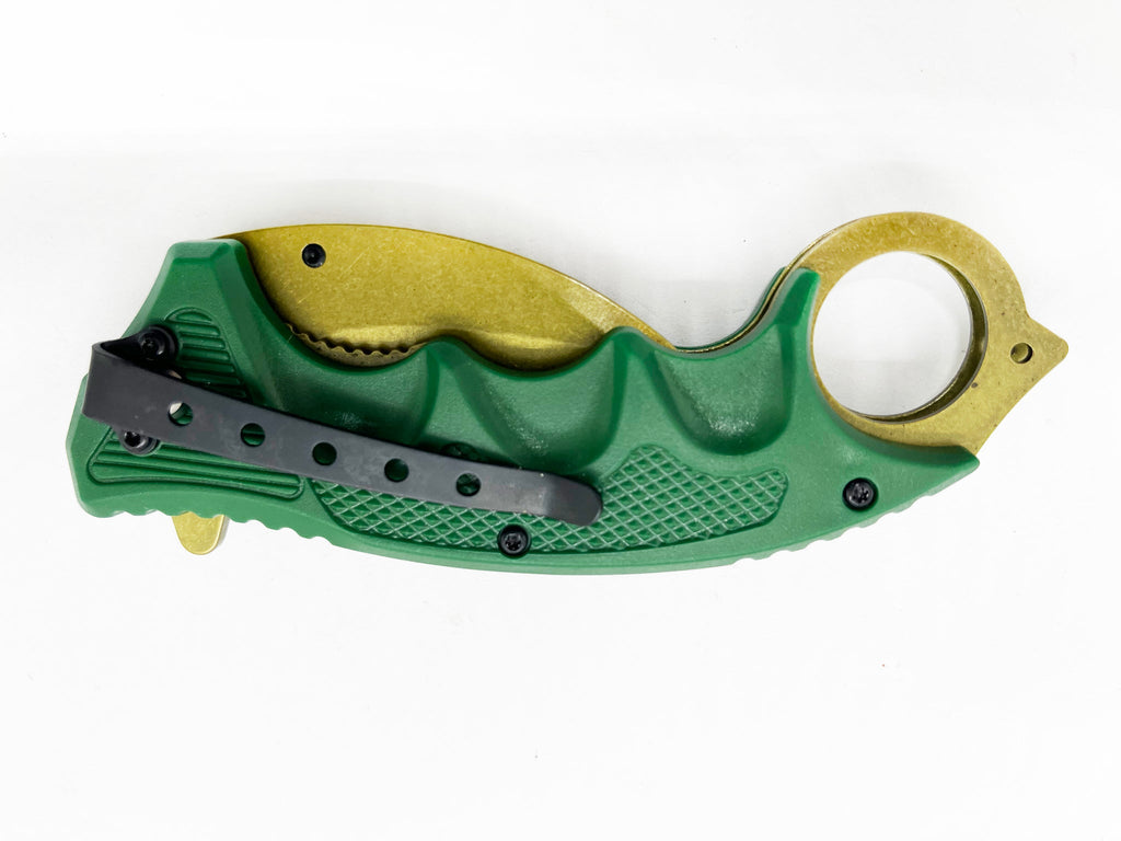 7.75" Karambit Spring Assisted Folding Pocket Knife Gold Blade and Green Handle - AnyTime Blades