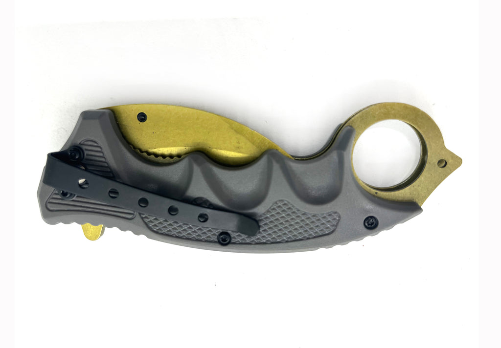 7.75" Karambit Spring Assisted Folding Pocket Knife Gold Blade & Grey Handle - AnyTime Blades