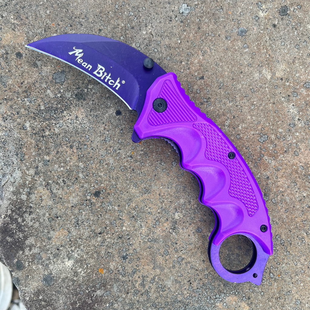 Purple Mean Bitch Folding Karambit Pocket Knife - AnyTime Blades
