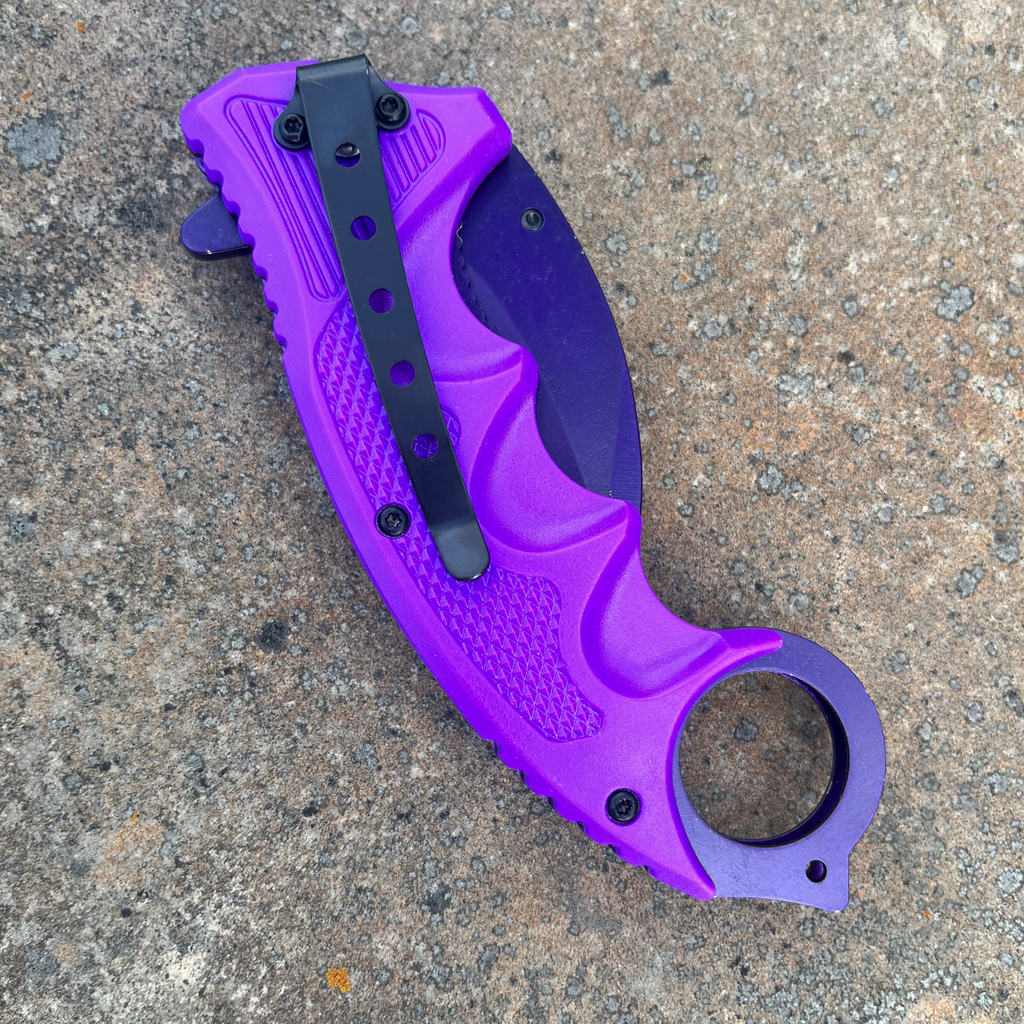 Purple Mean Bitch Folding Karambit Pocket Knife - AnyTime Blades