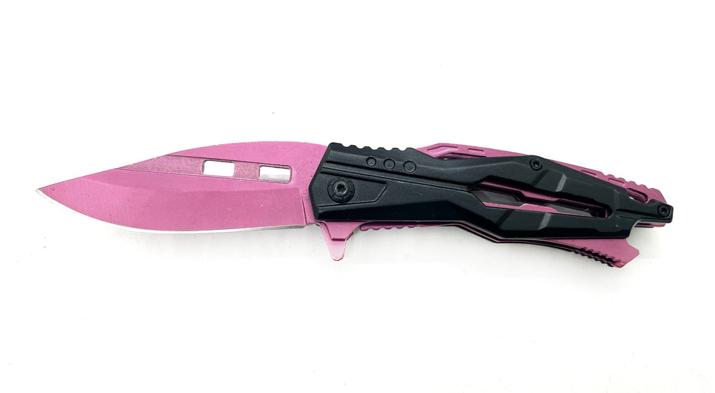 7.75" Spring Assisted Pocket Knife Light Pink with Black Handle - AnyTime Blades