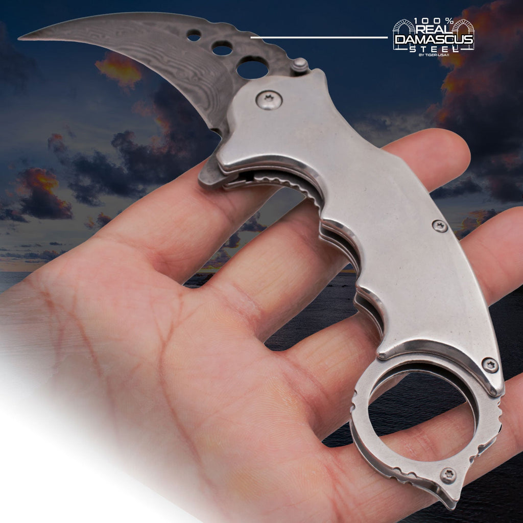 Silver Damascus Folding Karambit