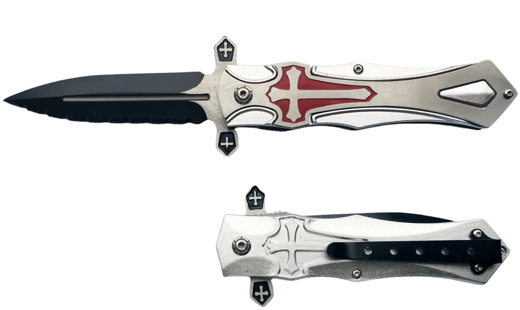 9" Medieval Crusader Spring Assisted Folding Pocket Knife Serrated Blade - AnyTime Blades