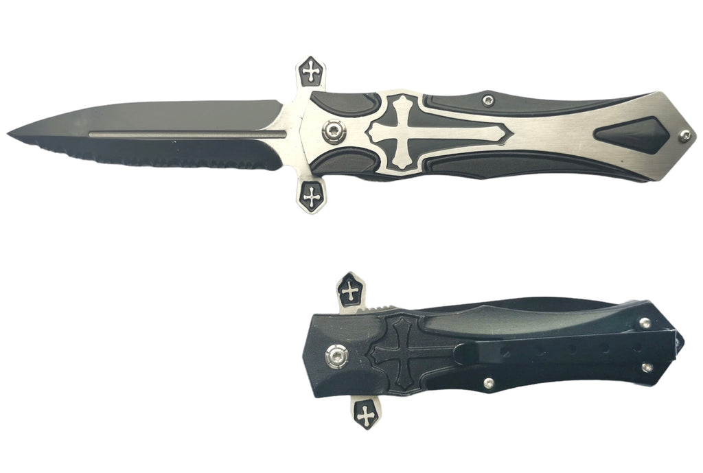 9" Medieval Crusader Spring Assisted Folding Pocket Knife Serrated Blade - AnyTime Blades