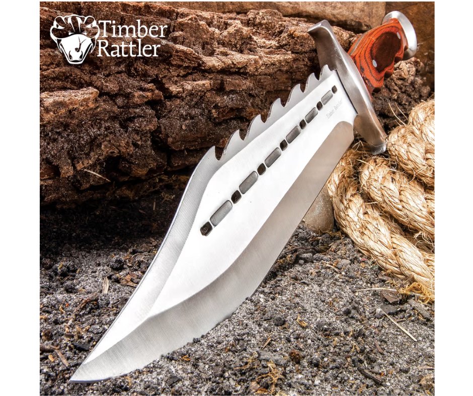 15" Timber Rattler Sinful Spiked Bowie Knife With Nylon Sheath - Spiked Back Blade, Hardwood Handle - AnyTime Blades