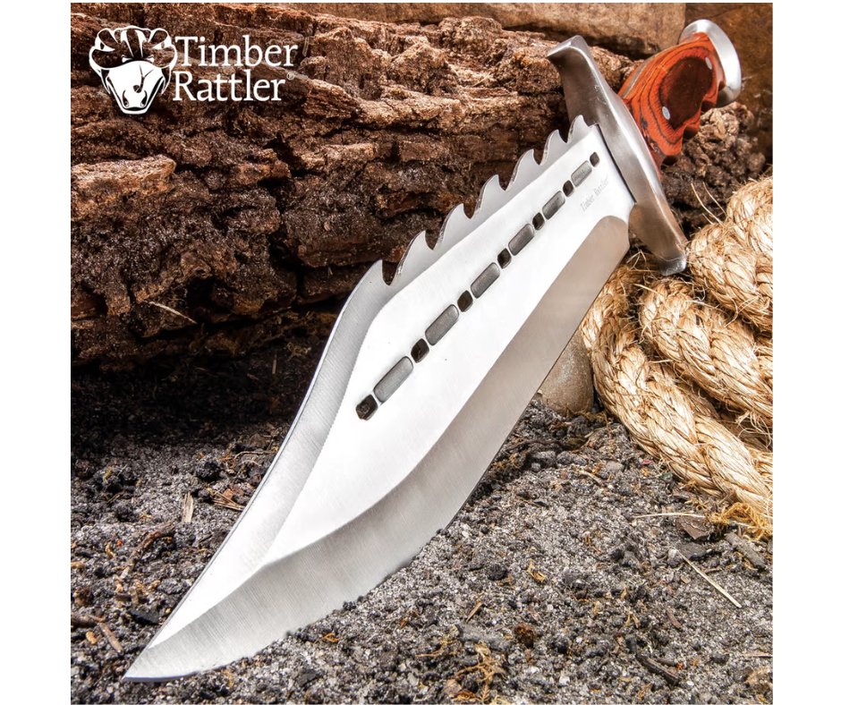 15" Timber Rattler Sinful Spiked Bowie Knife With Nylon Sheath - Spiked Back Blade, Hardwood Handle