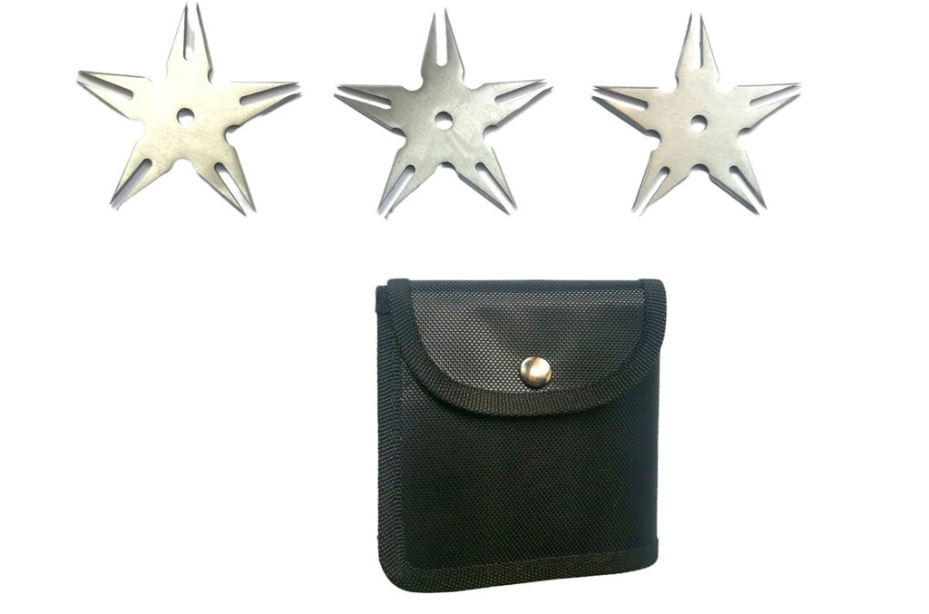 3 Pc Throwing Stars W CASE Silver Color - AnyTime Blades