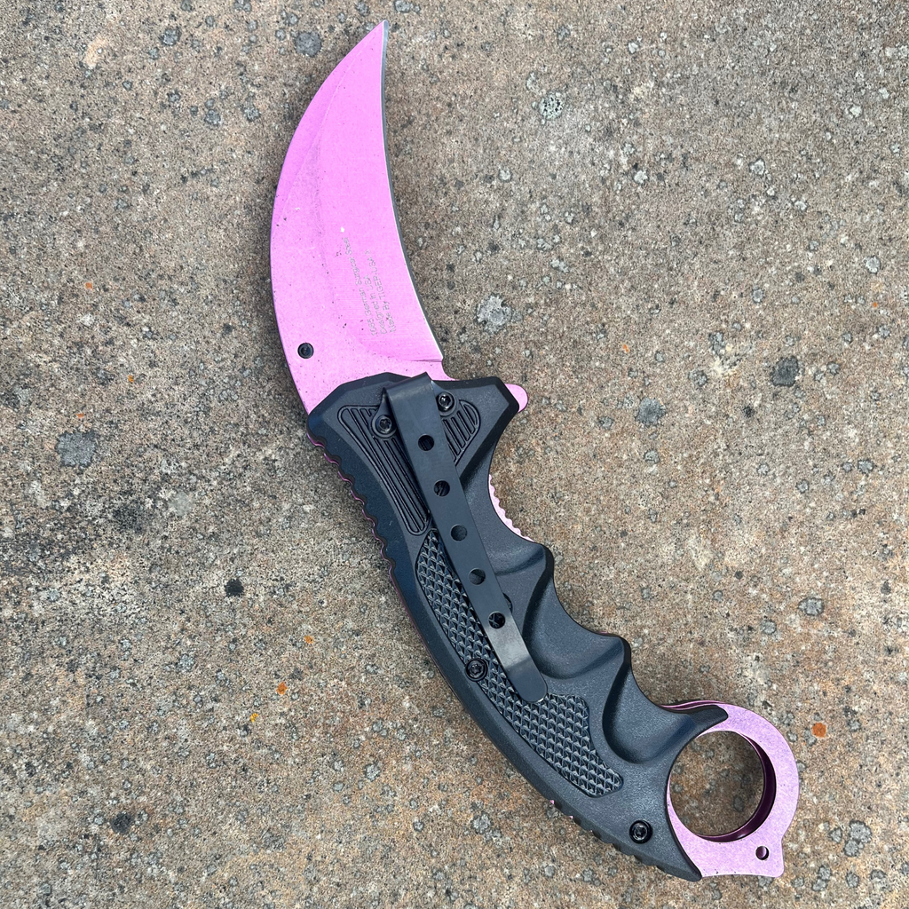  Pink & Black Mean Bitch Karambit Knife - 7.5"