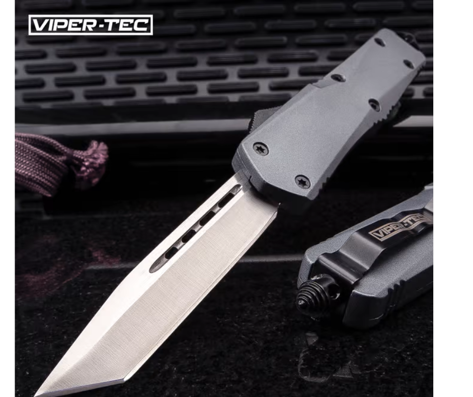 VIPER-TEK Ghost Series Grey Tanto OTF Knife - Stainless Steel Blade, Metal Alloy Handle, Pocket Clip - AnyTime Blades