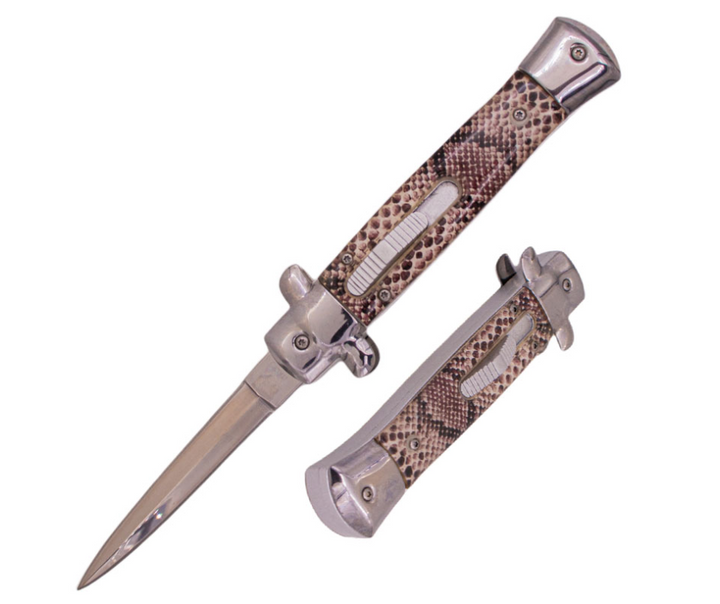 8.75 Inch Automatic OTF Stiletto Available in Black, Blue Pearl, White Pearl, Wood, Golden Pearl, and Snake Skin Acrylic Handles - AnyTime Blades