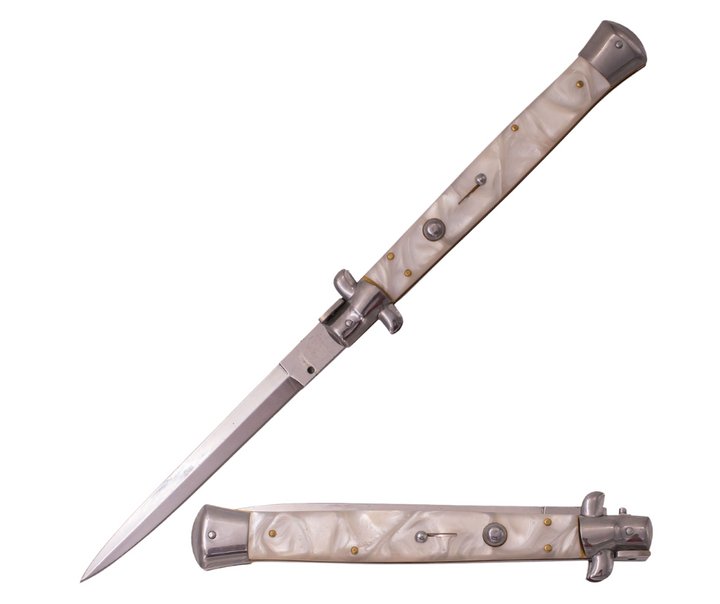 13 inch Automatic Stiletto Switchblade Available in Black Marble, Wood, Bone, White Pearl, Blue Pearl, Black Pakka Wood Handles - AnyTime Blades