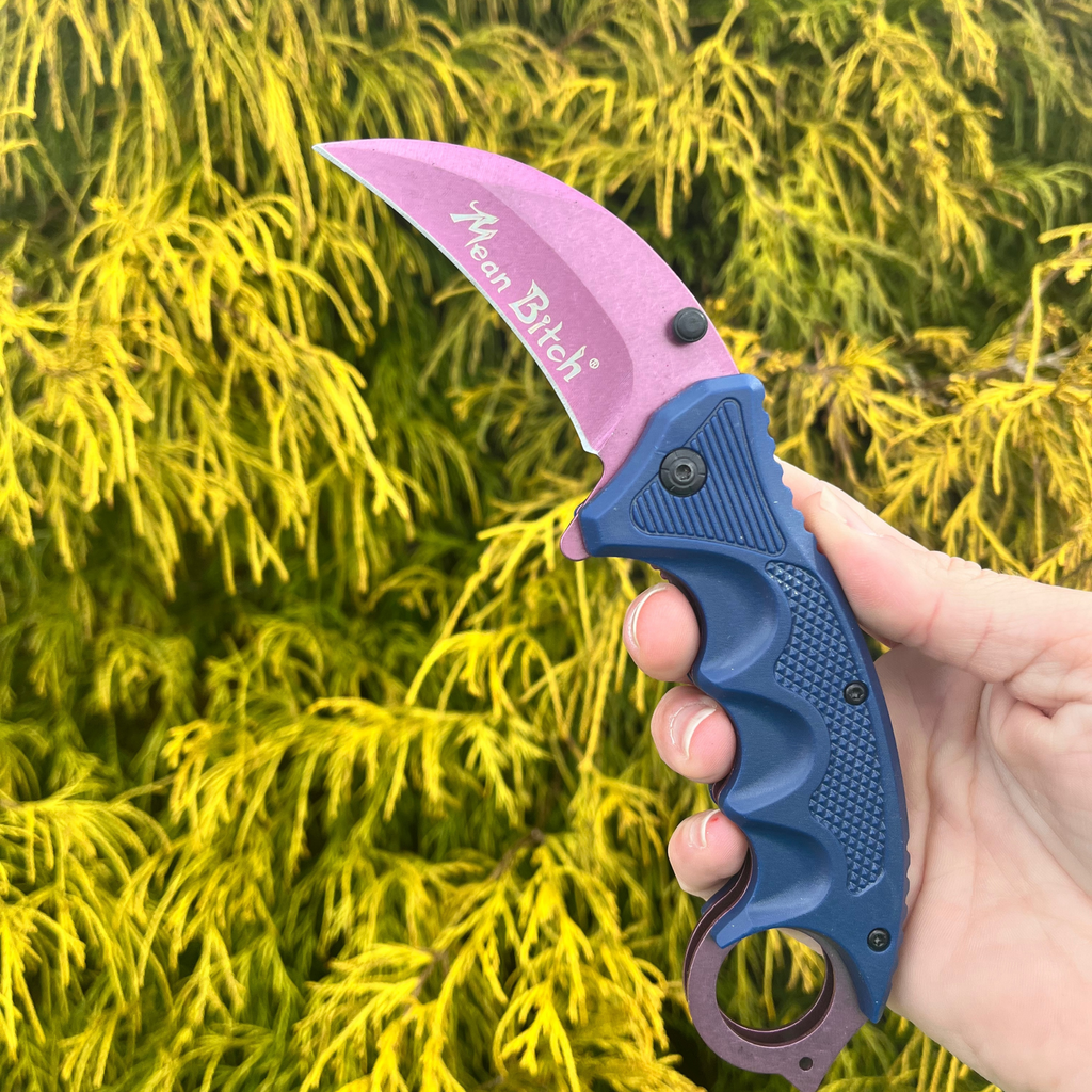 7.5" Pink Mean Bitch Karambit Folding Pocket Knife EDC - AnyTime Blades