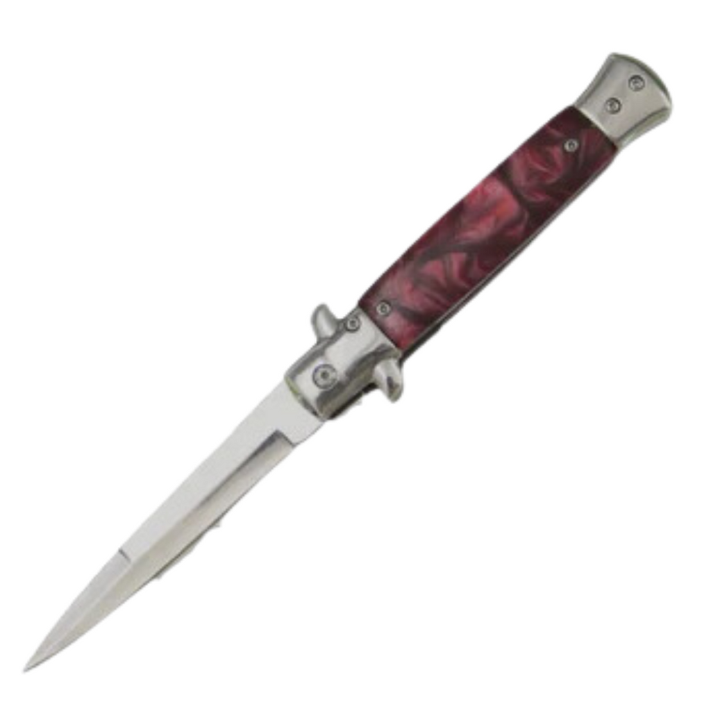 9" Italian Stiletto Spring Assisted Folding Pocket Knife with Pearl Handle and Silver Blade - AnyTime Blades