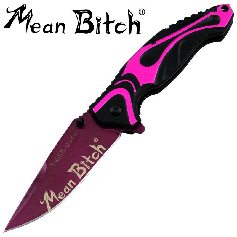 Tiger-USA Mission Soldier MEAN BITCH Tactical Assisted Open Pocket Knife Pink with Pink Blade - AnyTime Blades