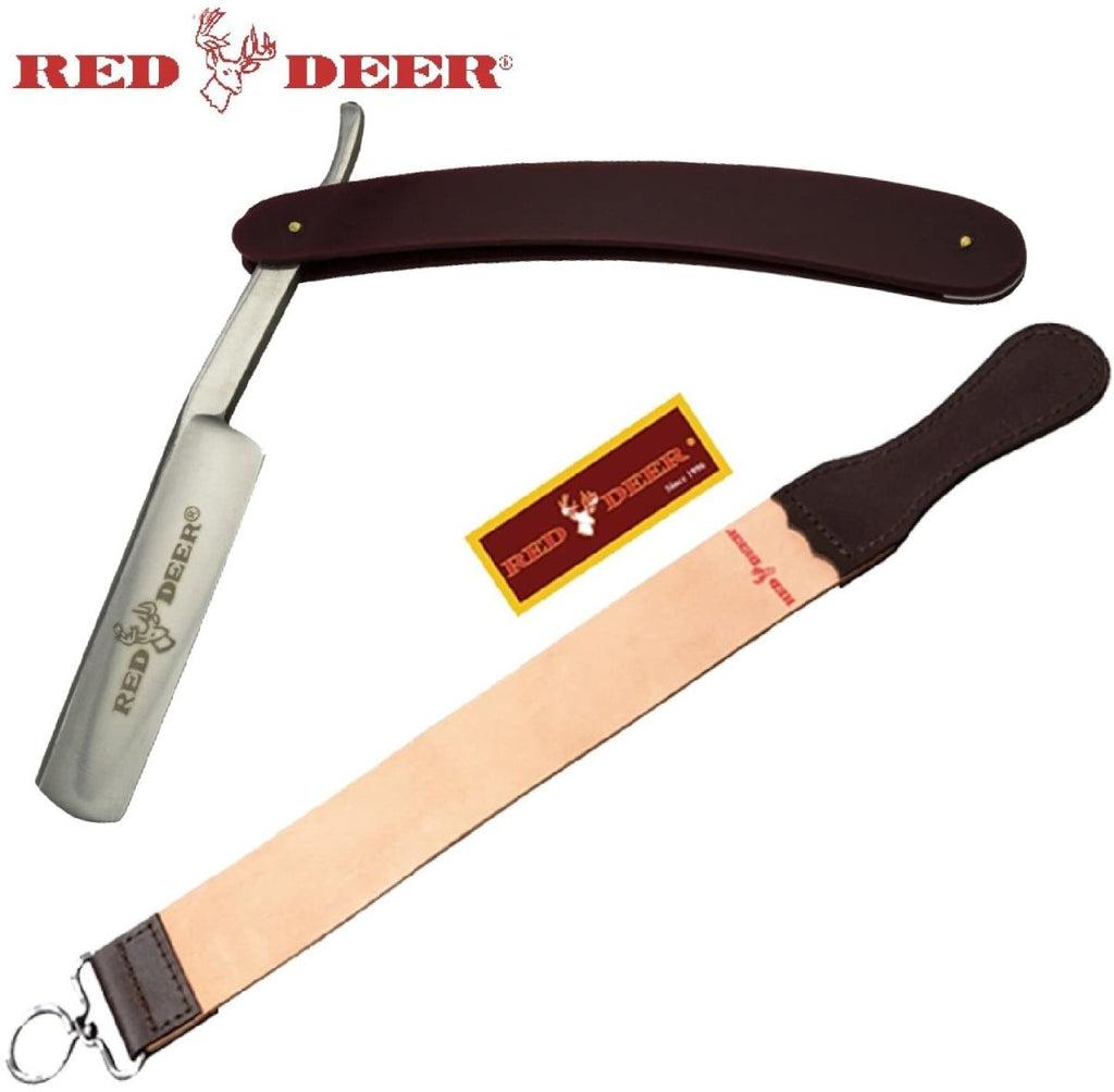 Dark Purple Red Deer Shaving Barber Vintage Straight Razor With Red Deer Leather Strop - AnyTime Blades