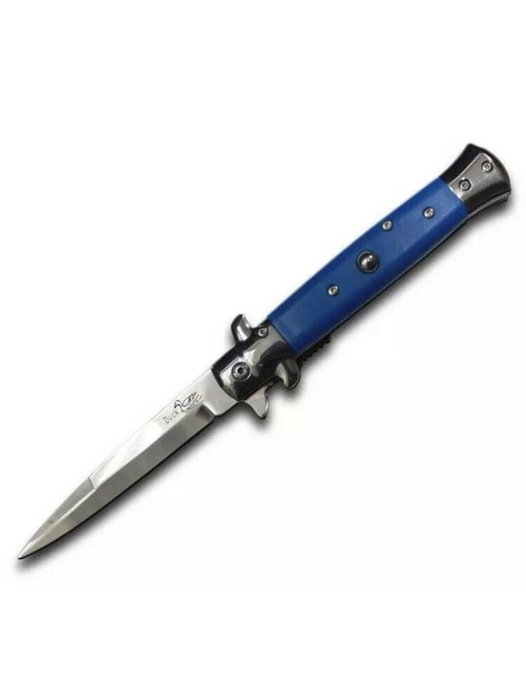 Blue Stiletto Assisted Opening Pocket Knife Handle and Silver Blade - AnyTime Blades