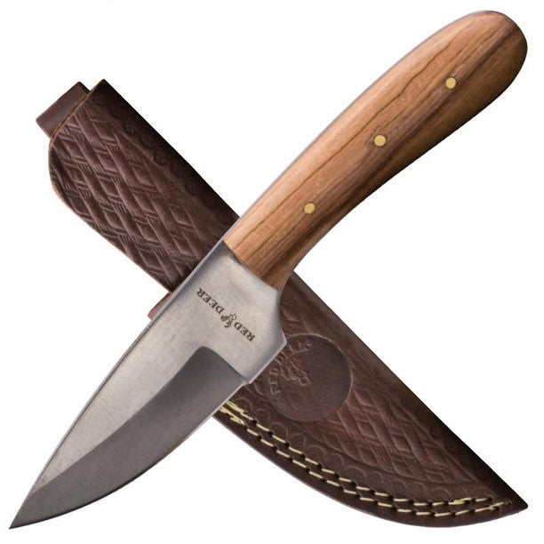 7.5" Red Deer Full Tang Light Pakka Wood Hunting Knife with Leather Sheath - AnyTime Blades