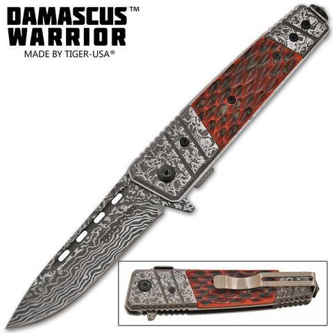 Etched Damascus Folding Knife with a  Drop Point Blade - AnyTime Blades