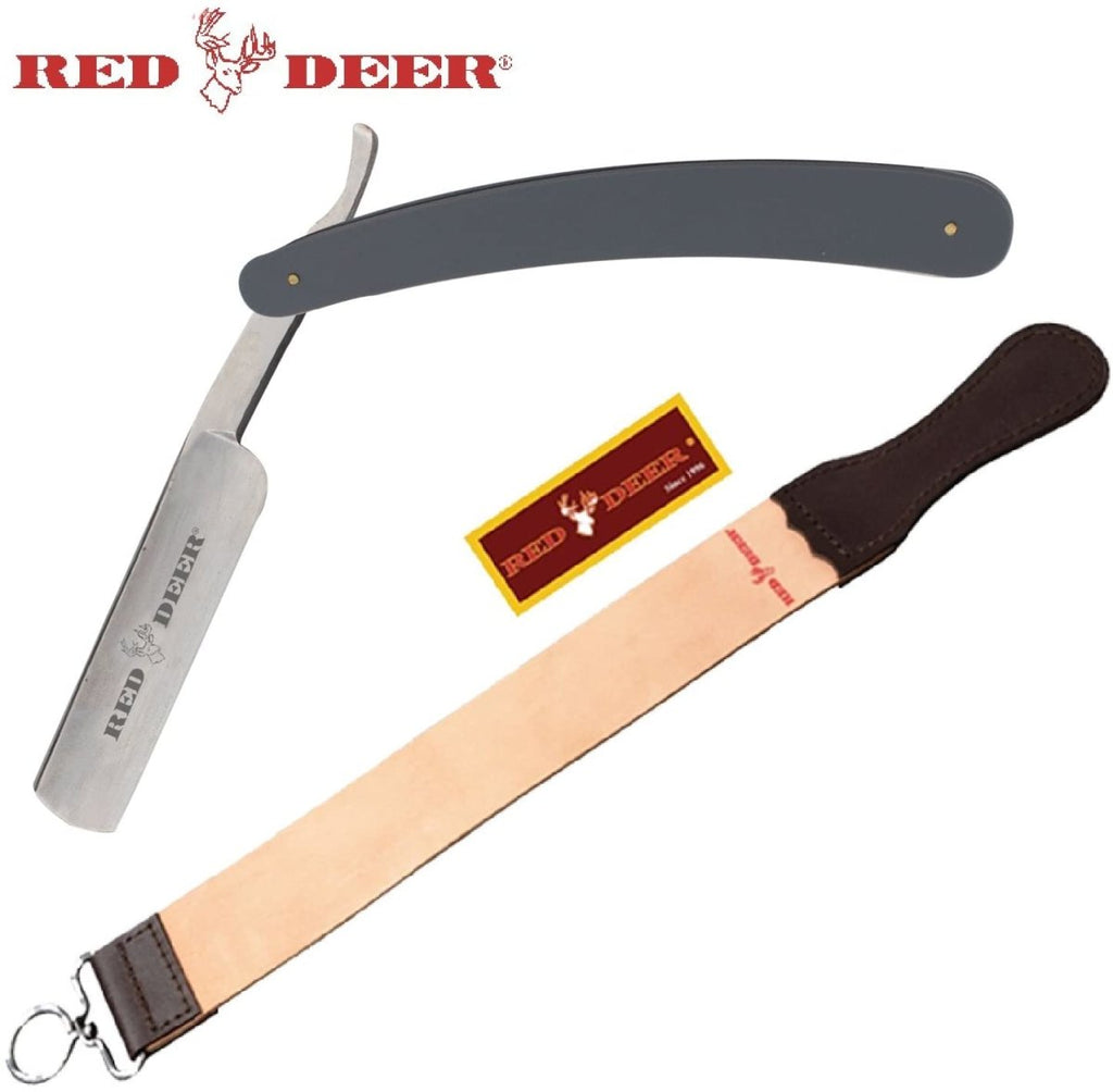Gray Red Deer Shaving Barber Vintage Straight Razor With Red Deer Leather Strop - AnyTime Blades