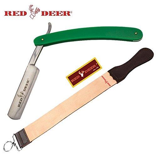 Green Red Deer Shaving Barber Vintage Straight Razor With Red Deer Leather Strop - AnyTime Blades